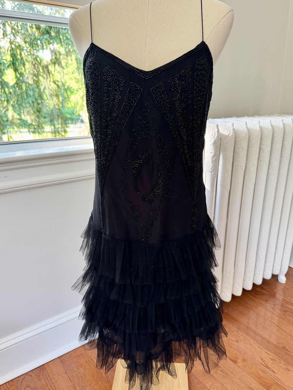Ralph Lauren silk Black Beaded Midi Dress with tulle skirt
